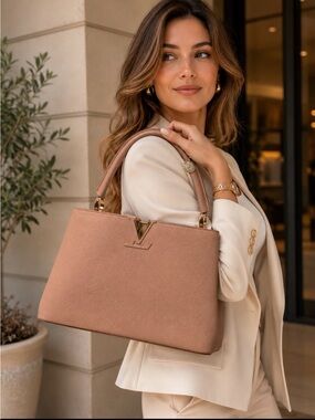 Structured Taupe Leather Tote with Gold Accent